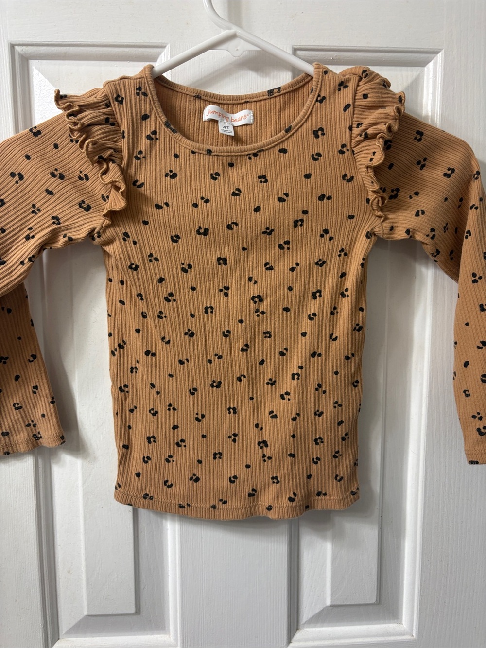 jumping beans Camel Long-Sleeve Ruffle Top with Black Spot Print
